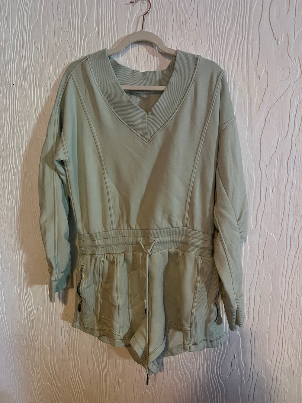 FP Movement by Free People Sage Green Drawstring Waist V-Neck Pullover